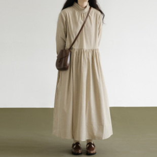 复述小立领秋季 连衣裙2024新灯芯绒竖条纹宽松裙子 复古木耳边长袖