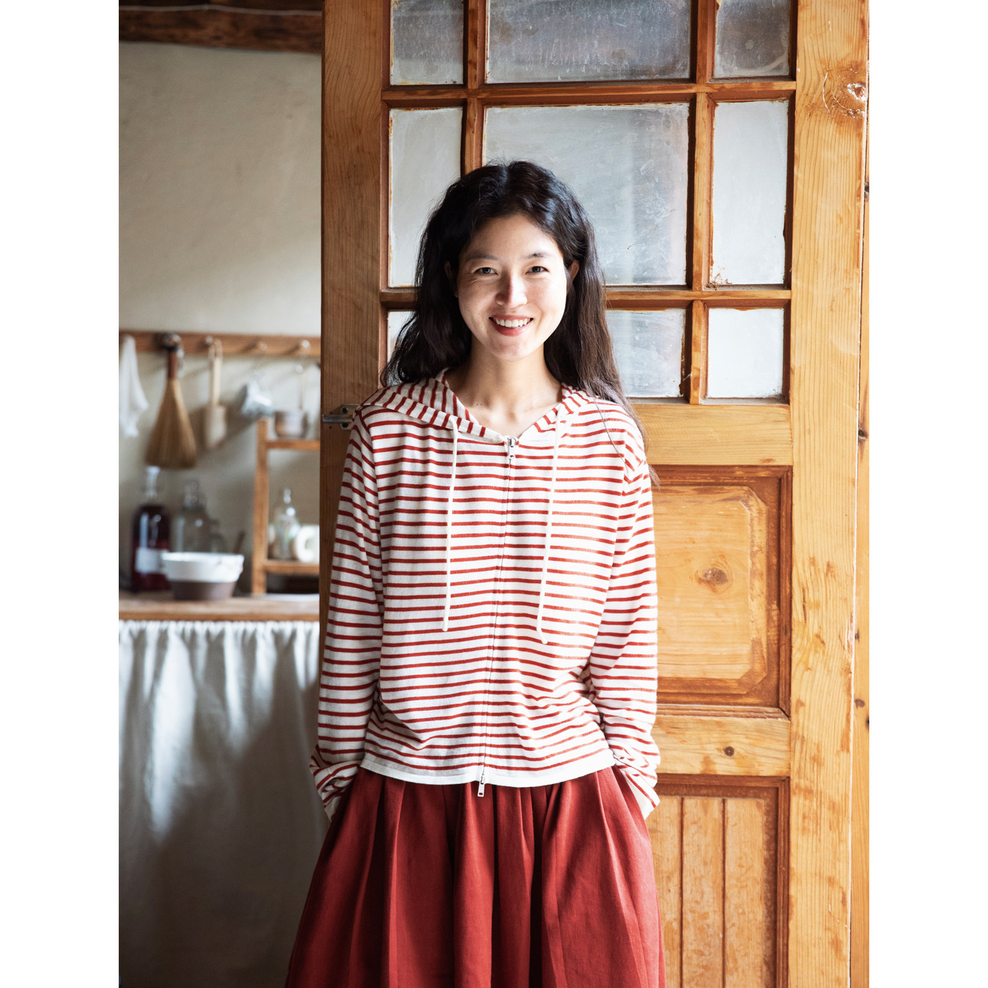 复述细支绵羊毛混纺经典红白条小开衫 带帽拉链宽松长袖毛衣上衣