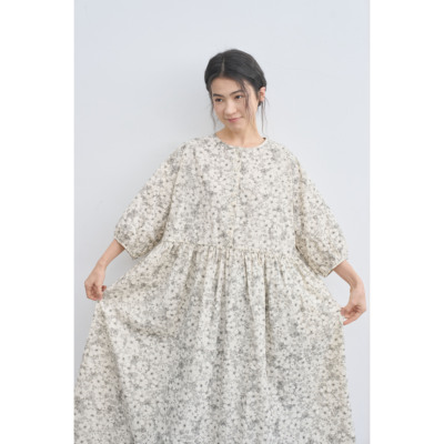 复述全棉清爽菠萝格提花长裙 素色水墨感花朵印花七分袖连衣裙