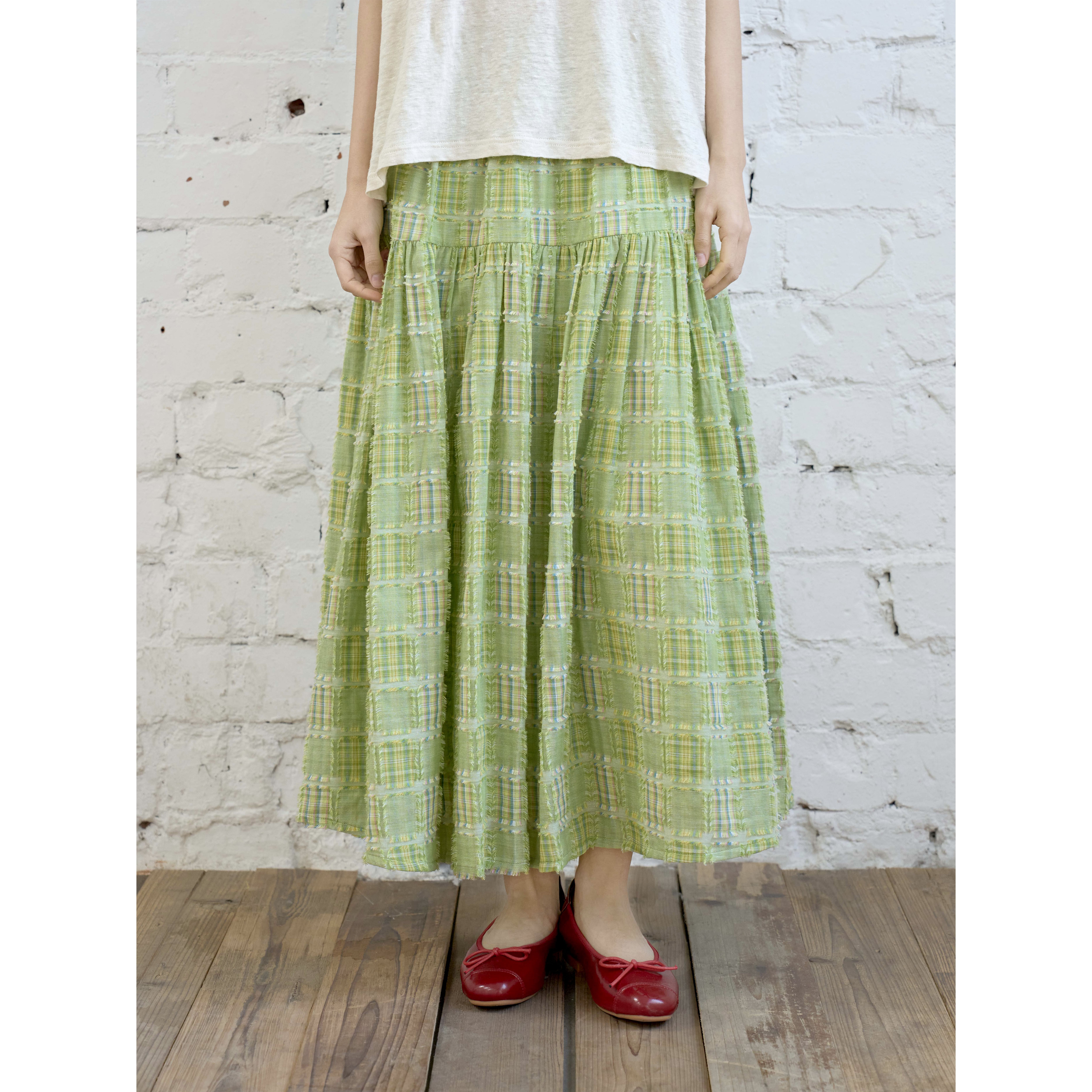 复述纯棉色织剪花格绿色半裙 春夏文艺风全松紧腰大摆双层半身裙