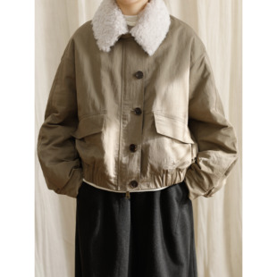 复述卷卷羊毛小翻领短款鸭绒服 冬款毛领加厚复古夹克式羽绒服