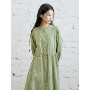 复述松爽感棉质 连衣裙 色织细绿格全开门襟可调节抽绳腰插肩袖