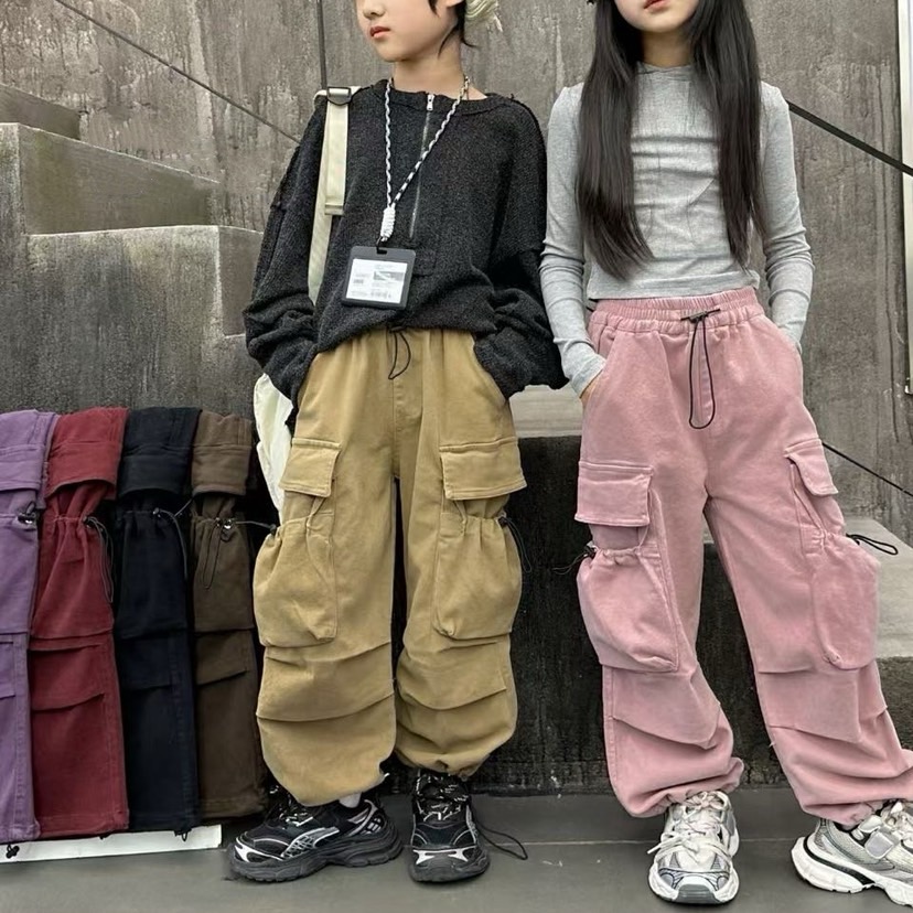 女童工装裤春秋款设计感口袋时髦女孩休闲裤秋装束脚直筒裤子儿童