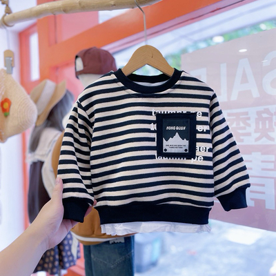 男童加绒卫衣秋冬条纹拼接假两件