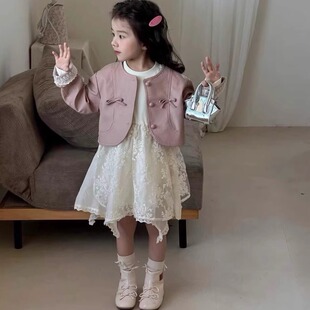 檬小檬女童套装裙春秋款韩范蕾丝花边袖皮衣外套小女孩打底连衣裙