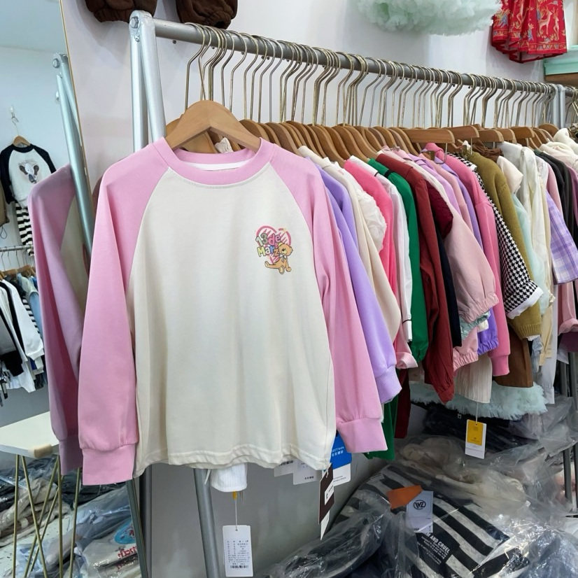 女童长袖T恤春秋款撞色女孩卡通印花打底衫春季薄款休闲上衣儿童