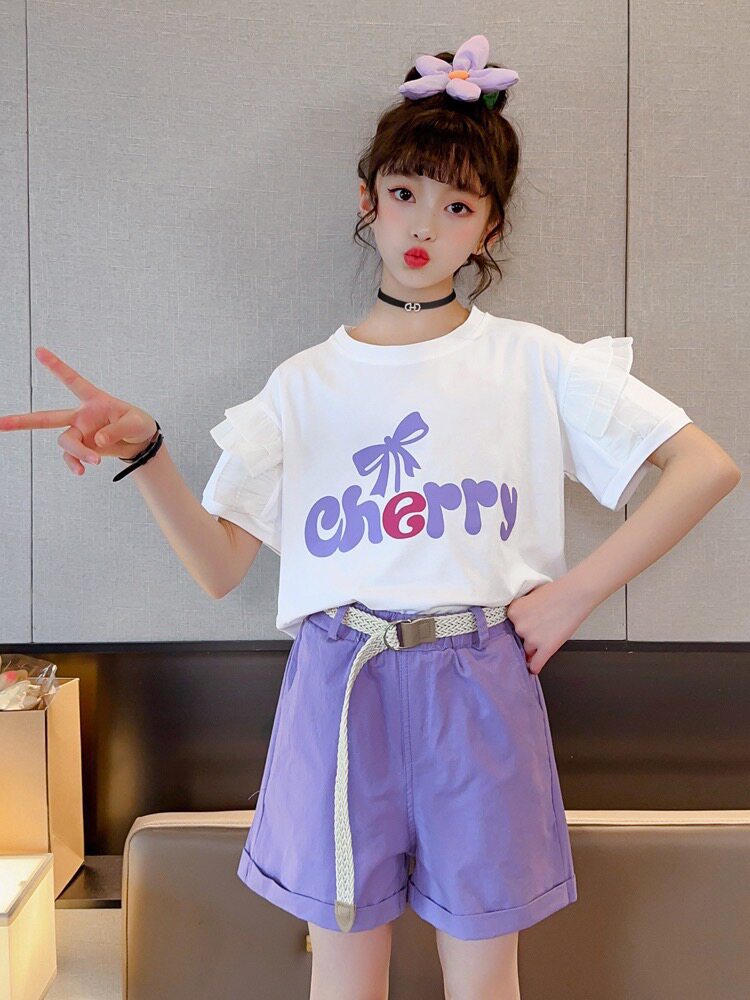 女童套装夏季大童时髦荷叶边短袖