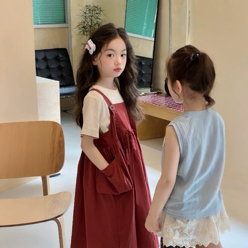 女童背带裙套装裙夏季洋气女孩短袖两件套中长款夏天红色裙子儿童