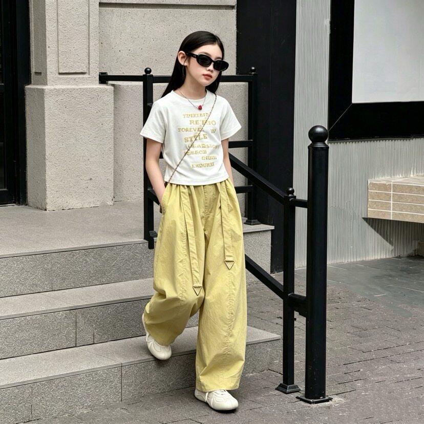 女童套装夏季收腰短袖T恤阔腿裤