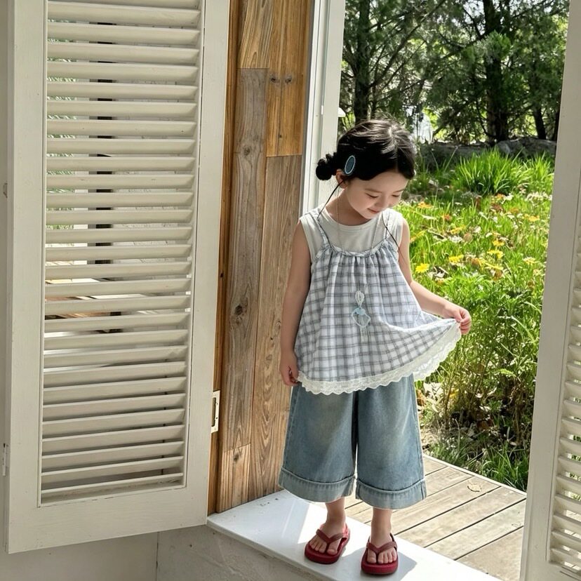 夏季女童出游穿搭三件套薄款吊带花边格子裙女孩背心阔腿裤子套装