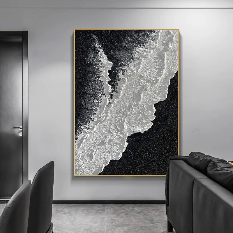 手绘油画大芬油画村黑白立体石英砂肌理画轻奢客厅背景墙装饰挂画图片