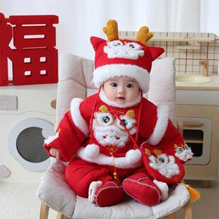 婴儿衣服拜年服喜庆连体衣女宝宝冬装周岁礼服新生儿满月加绒新年