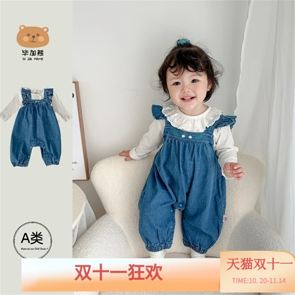 女宝宝春秋装牛仔背带套装