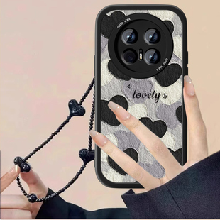 黑白爱心适用适用华为Mate70Pro手机壳meta70新款70Pro+小羊皮mete保护套全包防摔男女mata十高级感外壳后