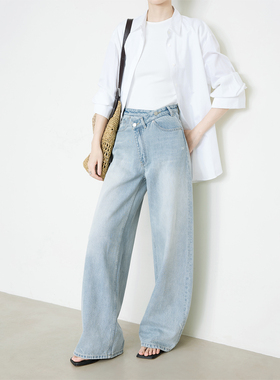 夏莫卡春新品海风蓝色斜门襟宽松牛仔阔腿裤N616