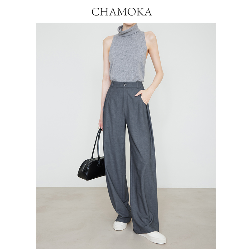 夏莫卡通勤高腰高级灰色直筒裤