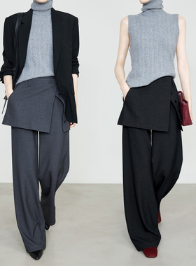 夏莫卡阔腿裤女秋2025新通勤直筒裤高腰屁帘裤显瘦烟灰西裤裤9718