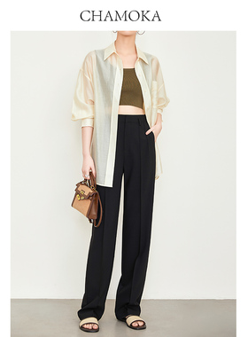 夏莫卡黑色西装裤女高腰锥形休闲裤显瘦直筒裤长裤窄版阔腿裤6533