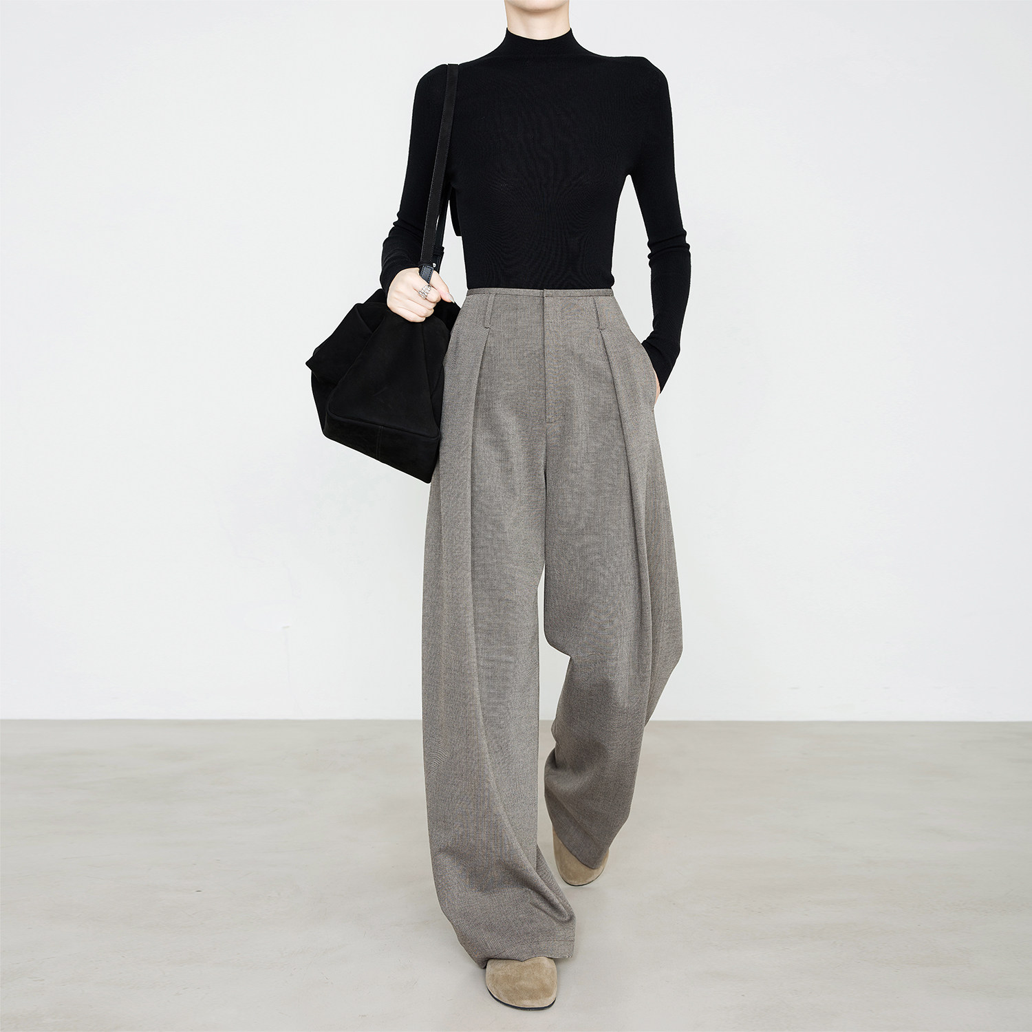 夏莫卡混色灰棕色阔腿裤女秋新款软糯垂感绵羊毛弧形西装裤7900,女装/女士精品,休闲裤,淘宝优惠券,粉丝福利购,淘宝优惠卷