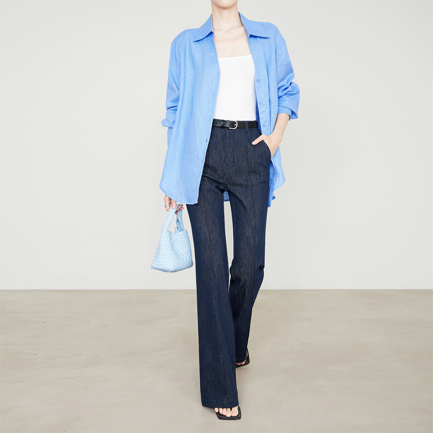 夏莫卡单宁色天丝汉麻牛仔喇叭裤