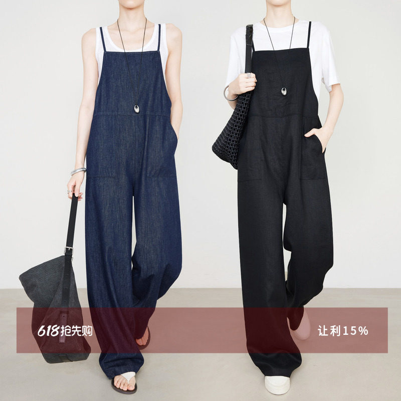 夏莫卡100%亚麻背带裤女夏宽松显瘦百搭阔腿直筒裤吊带连体裤6804