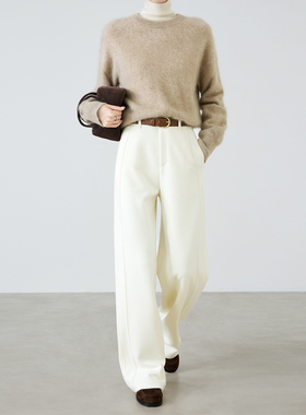 夏莫卡醋酸绵羊毛直筒裤2025秋冬毛呢裤显瘦弯刀裤白色香蕉裤8399