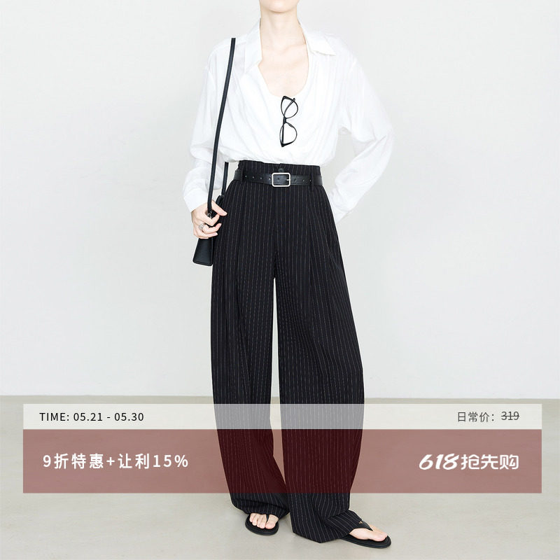夏莫卡黑色条纹西装裤女夏2026新轻薄直筒裤抗皱OL阔腿裤显瘦6925