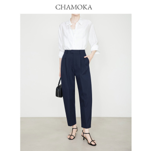 裤 夏莫卡通勤九分裤 OL藏青色西装 利落显瘦锥形裤 5237 女高腰休闲裤