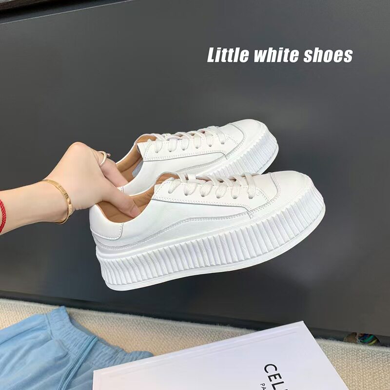 真皮圆头厚底增高松糕底小白鞋