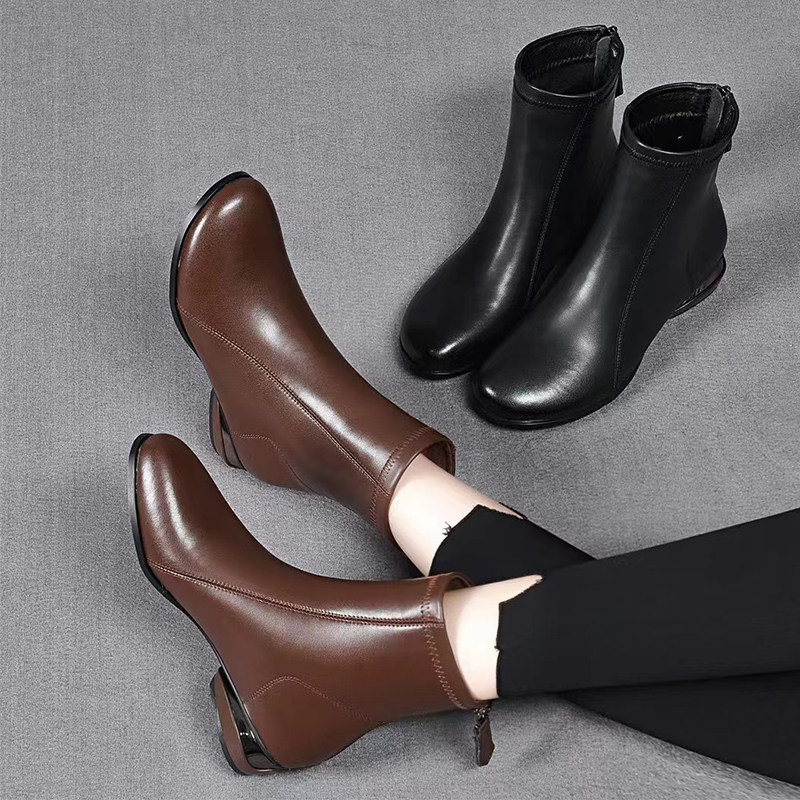 圆头短靴女春秋软皮马丁单靴加绒保暖秋冬季百搭真皮粗跟低跟鞋,女鞋,时装靴,淘宝优惠券,粉丝福利购,淘宝优惠卷