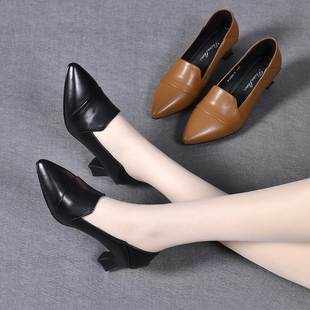 时尚休闲春秋季单鞋浅口高跟鞋尖头粗跟女鞋皮鞋细跟百搭舒适YJ