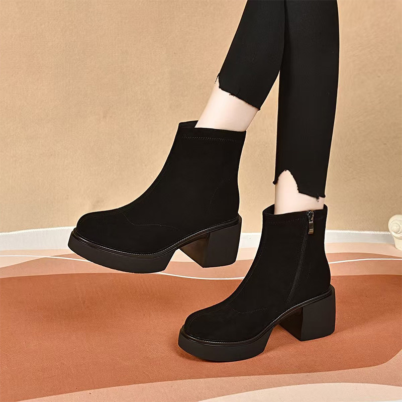 秋冬新款时尚百搭圆头粗跟舒适加绒短靴女鞋真皮软底女士休闲皮鞋