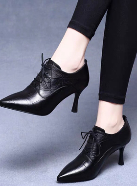 石头纹压花尖头细跟单鞋女时尚舒适时尚休闲春季深口中跟百搭AYQ