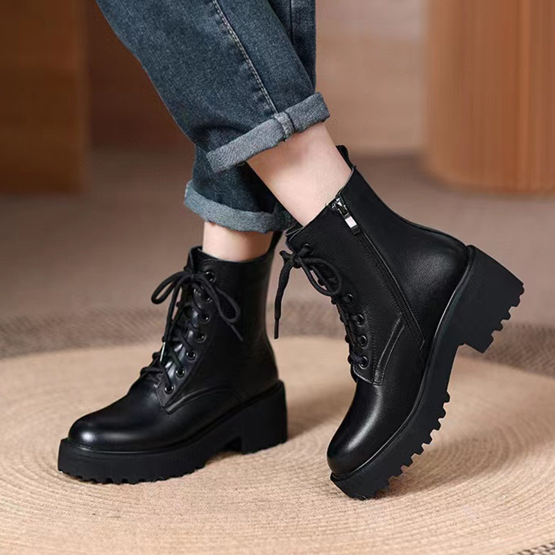 秋冬季新款加绒加厚粗跟保暖女士头层牛皮羊毛漆皮牛皮厚底马丁靴