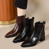 真皮羊皮软皮短靴中跟女士靴子秋冬尖头加绒保暖软底复古中筒女靴