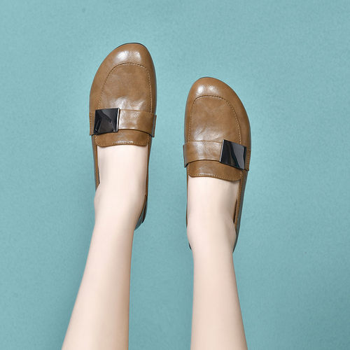 新款鞋子春季时尚圆头粗跟单鞋春秋百搭真皮软底低跟软皮女皮鞋CM