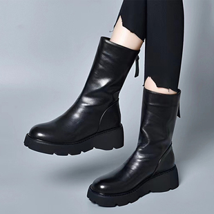 秋冬季新款加绒加厚保暖时尚靴短靴头层牛皮中筒厚底粗跟真皮靴子