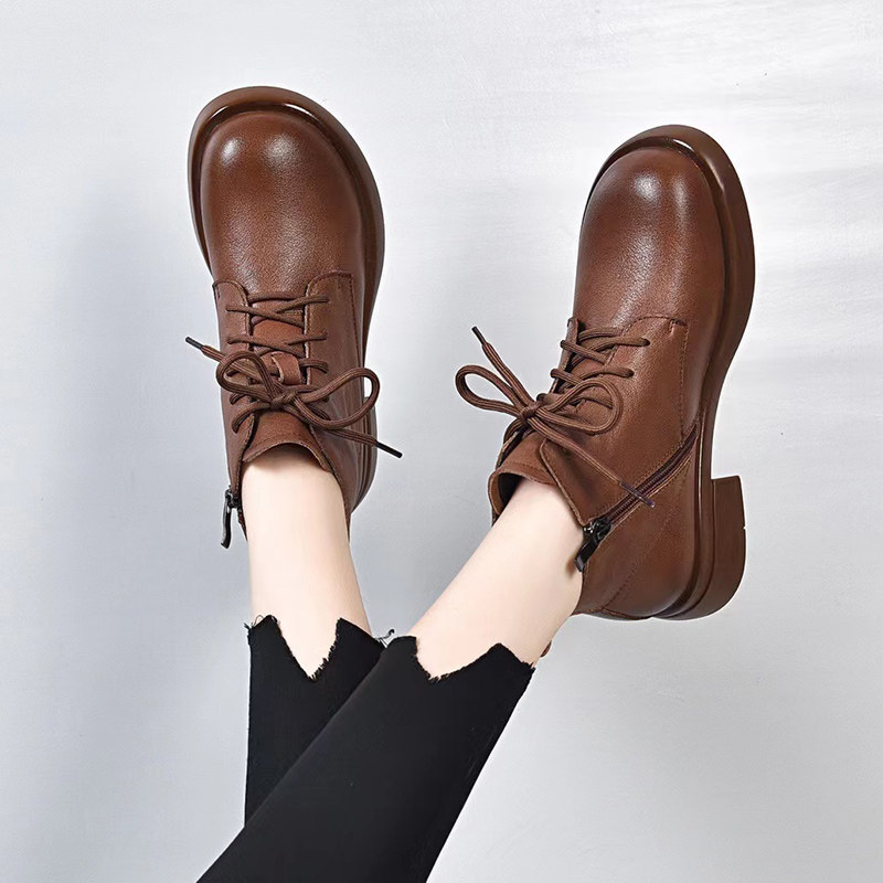 马丁靴平底真皮软底小短靴春秋单靴英伦风圆头及踝靴子加绒女皮鞋