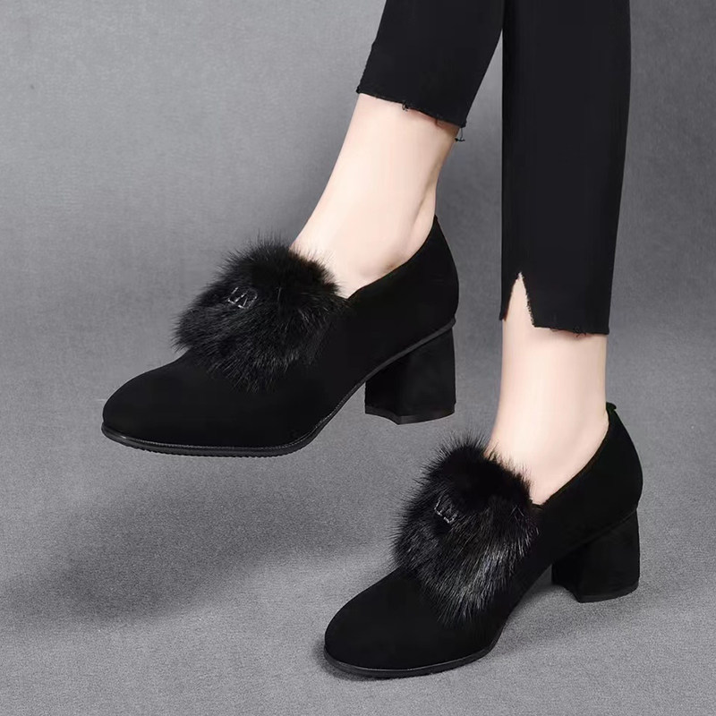 时尚休闲冬季加绒加厚保暖女士真皮全羊绒圆头粗跟深口单鞋毛毛鞋,女鞋,深口单鞋,淘宝优惠券,粉丝福利购,淘宝优惠卷