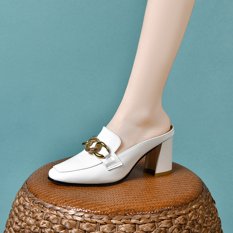 新款时尚方头粗跟拖鞋白色春夏季休闲百搭气质真皮软底女士皮鞋