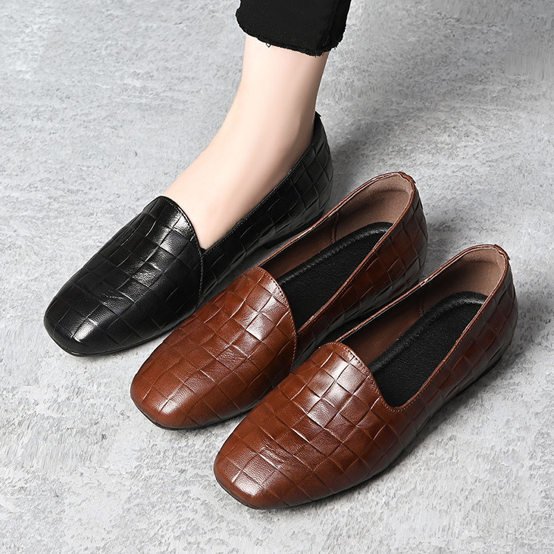 真皮编织乐福鞋女平底深口单鞋软底一脚蹬奶奶鞋舒适女鞋通勤鞋MZ