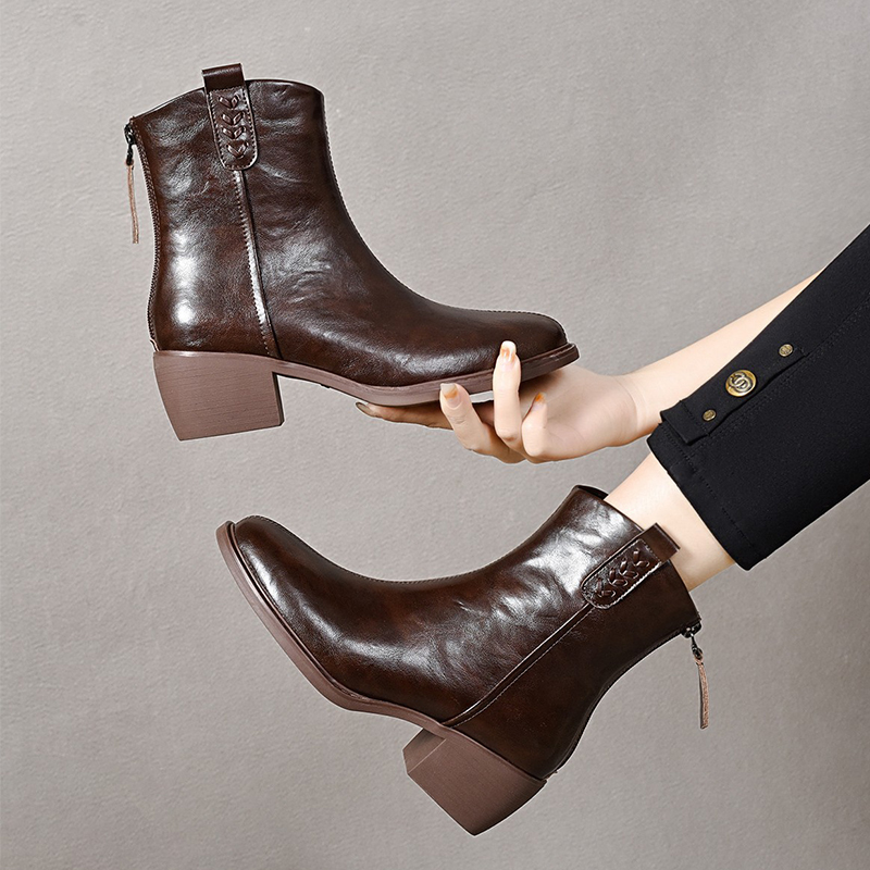 新款复古棕色骑士靴女粗跟后拉链加绒保暖高跟短靴秋冬厚底百搭