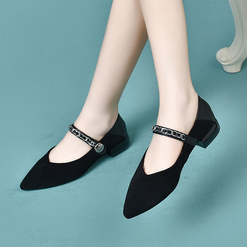 春季鞋子新款时尚尖头粗跟单鞋夏季休闲舒适气质真皮软底女士皮鞋