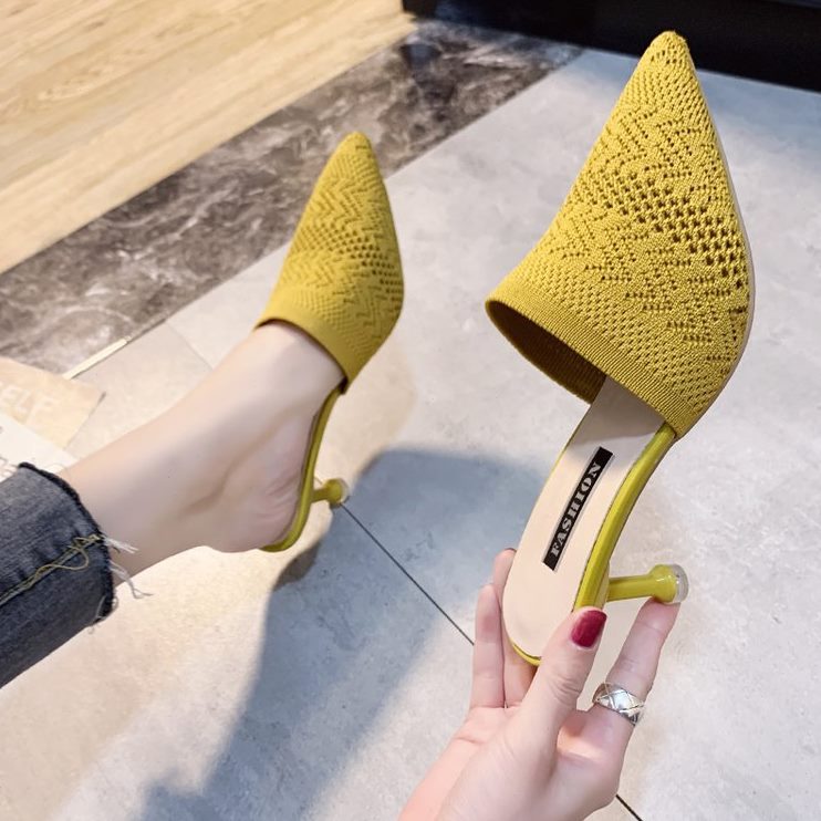 网红飞织头外穿2020春新款针织镂空尖头细跟高跟拖鞋女包女凉拖鞋