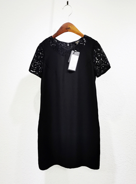 ise专柜正品 黑色蕾丝精工拼接圆领短袖连衣裙P1620799-1689