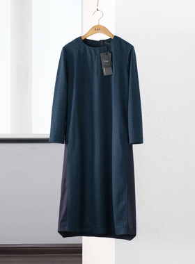 ise专柜正品灰蓝/藏青冬季长款羊毛双拼连衣裙G00705/G00706-1489