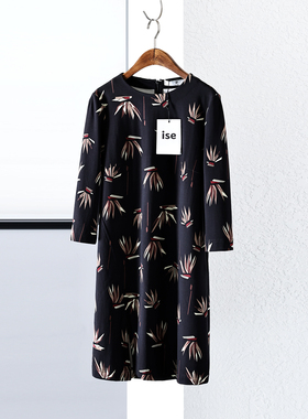 ise专柜正品蓝黑色印花拉链款九分袖中长款连衣裙K1930706-1889
