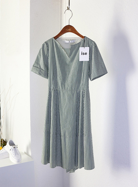 ise专柜正品 夏季纯棉红色/绿色条纹连衣裙短袖超显瘦裙子2020707