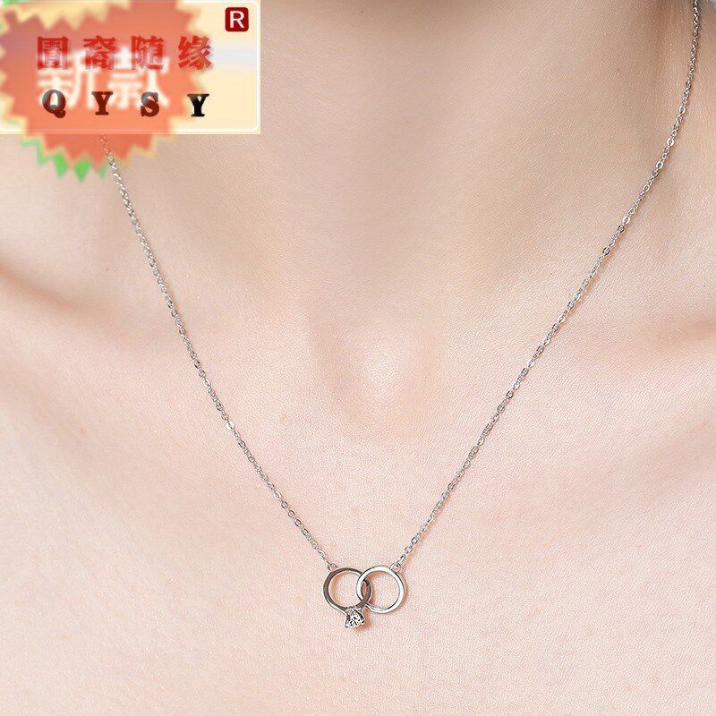 上福925银牵手项链女表白戒指形链合成锆石吊坠日韩版简约锁链