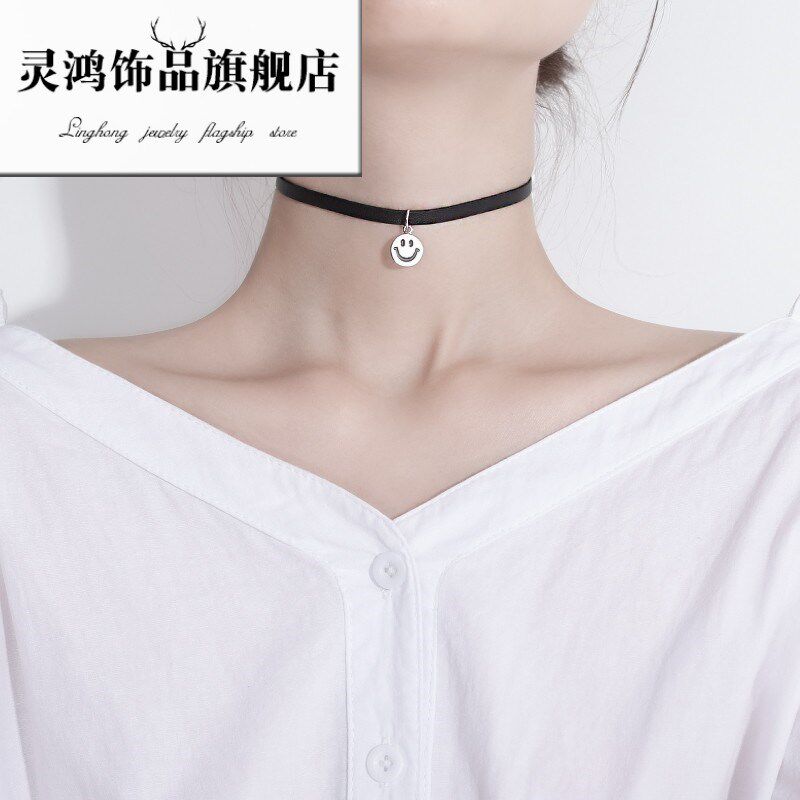 新款纯银大笑脸项链女微笑表情银吊坠项圈学生日韩简约锁骨链颈带